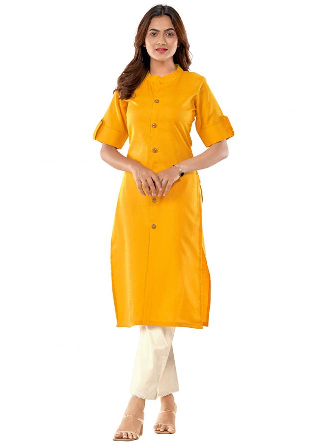 Cotton Yellow Casual Wear Plain Readynade Kurti